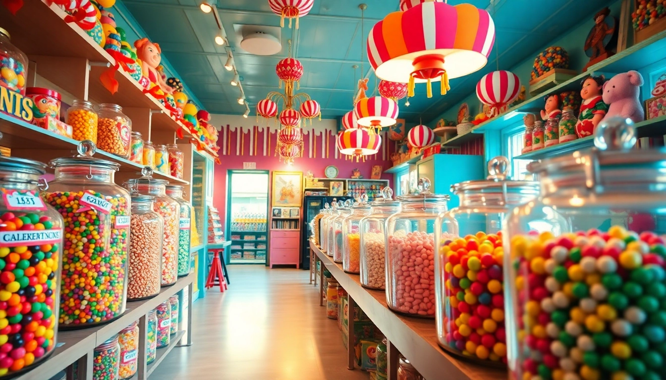 Visit this delightful candy store near me, featuring a vibrant display of colorful candies and treats.