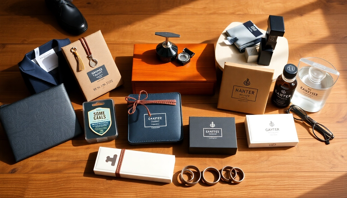 Browse stylish cheap groomsmen gifts, featuring personalized items and accessories arranged on a wooden table.