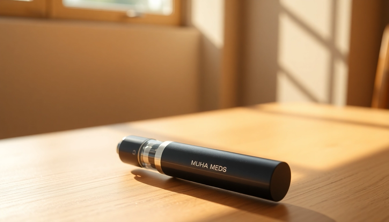 Experience the high-quality Muha Meds 2g vape pen, showcasing its elegant design and branding while resting on a wooden table.