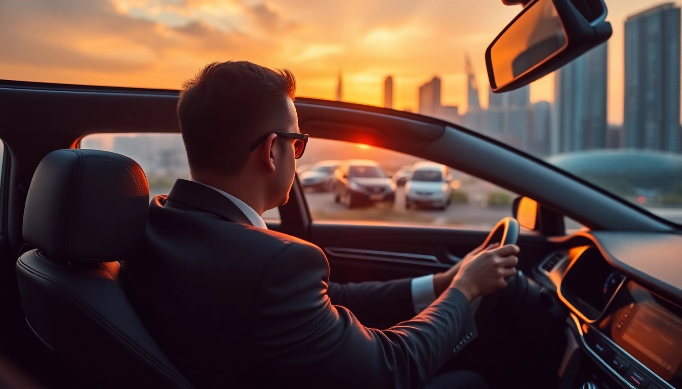 Elevate your journey with professional chauffeur hire in Kuala Lumpur, featuring a luxury vehicle amid a vibrant cityscape.