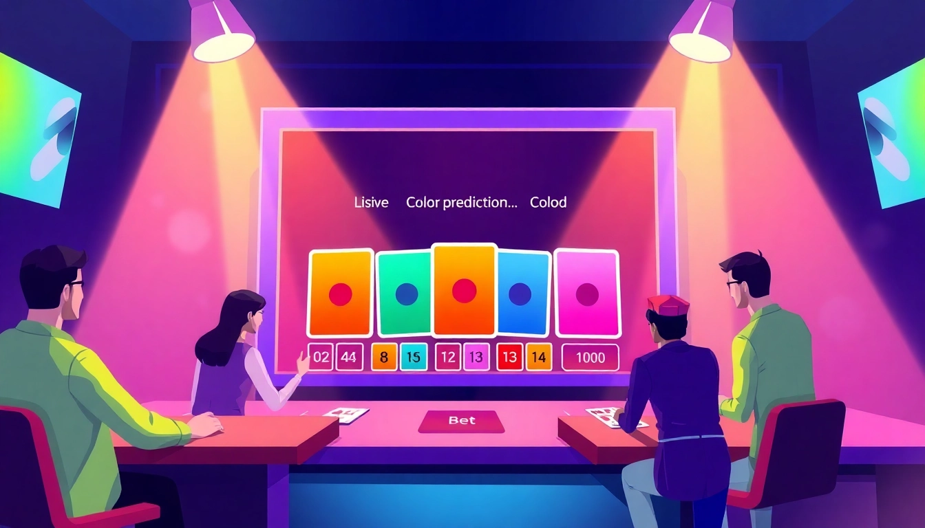 Engage in a Color prediction game with colorful cards, players, and an interactive interface.