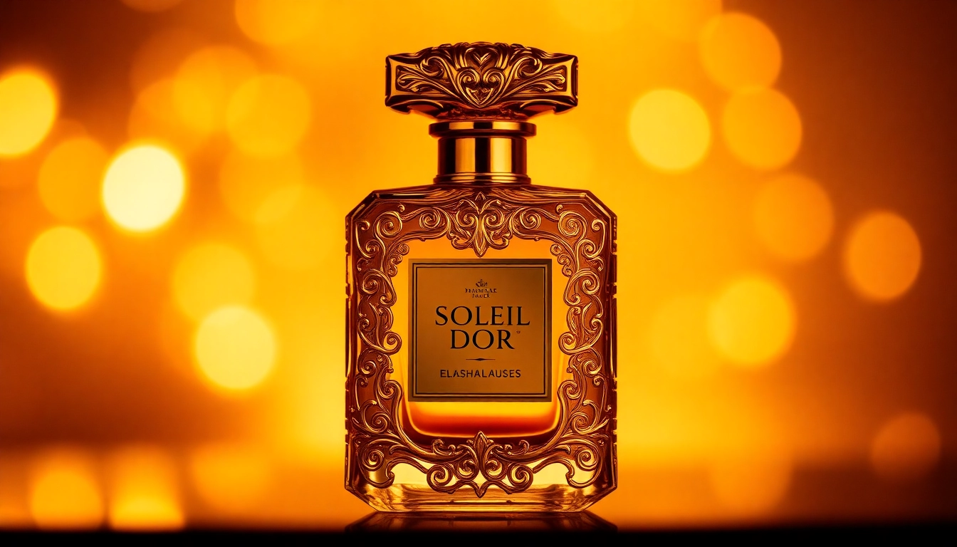 Admire the exquisite Soleil Dor perfume bottle showcasing its elegant design and shimmering golden color.