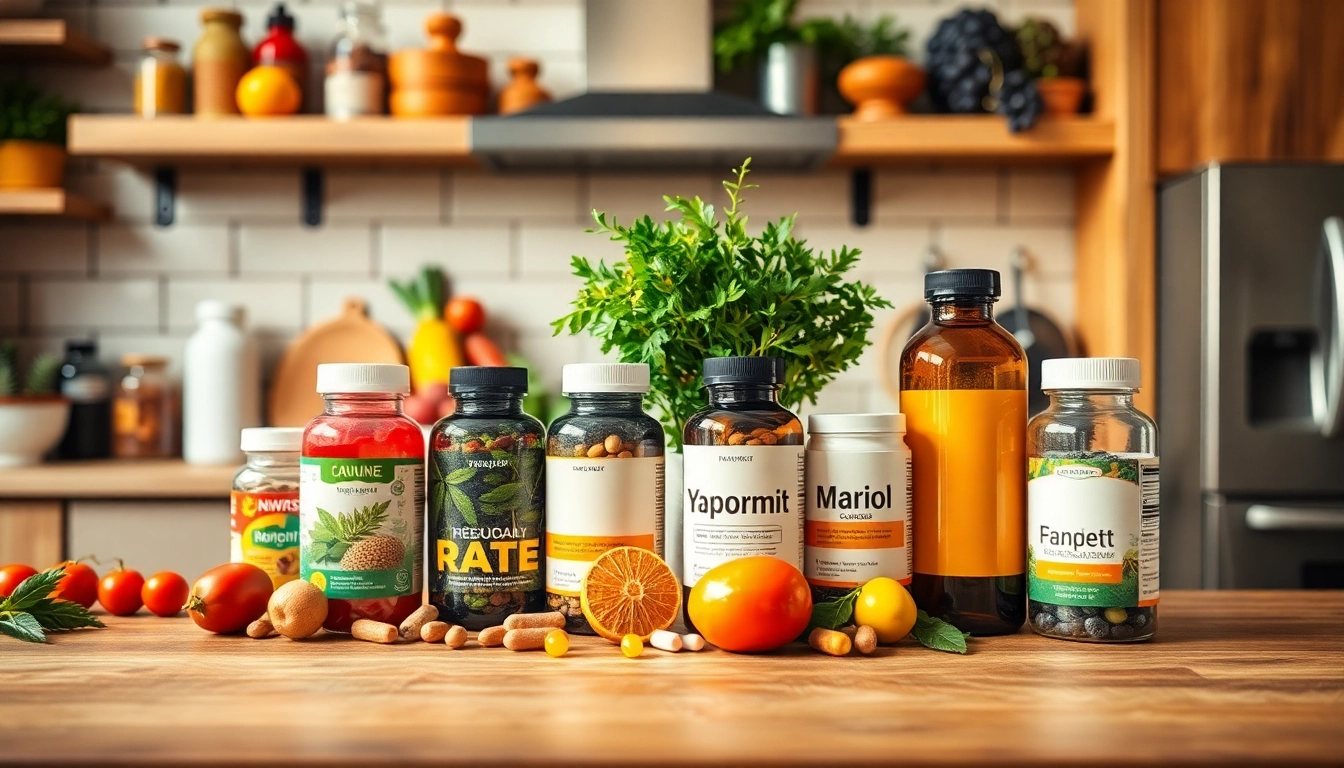 Showcase various dietary supplements in a bright kitchen highlighting health and wellness.