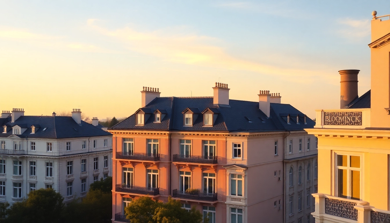 Experience the elegance of Bloomsbury Residences, featuring stunning architecture against a warm sunset glow.