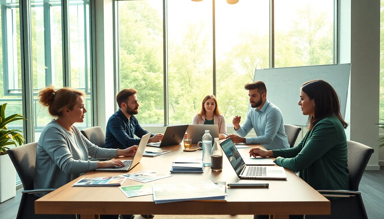 Marketing für pflegedienste mit einem kreativen Team in einem modernen Büro, das Strategien diskutiert.