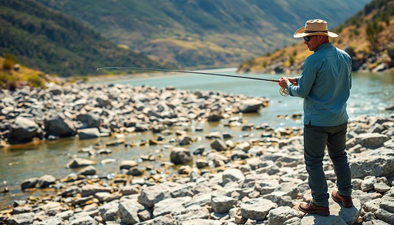 Outfitted in stylish fly fishing apparel, an angler enjoys casting by a peaceful riverbank.
