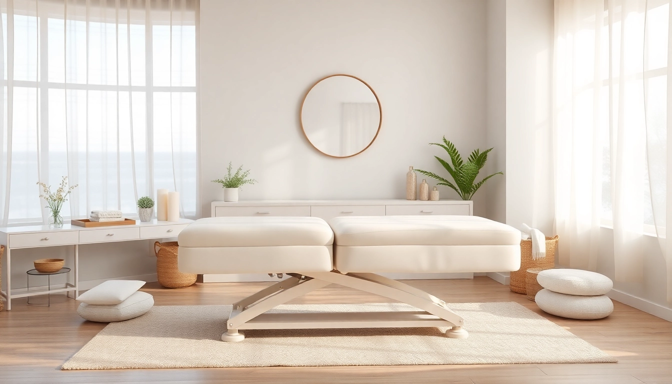 Massageliege für Kosmetikbehandlungen mit verstellbarer Ausstattung in einem eleganten Spa-Ambiente.