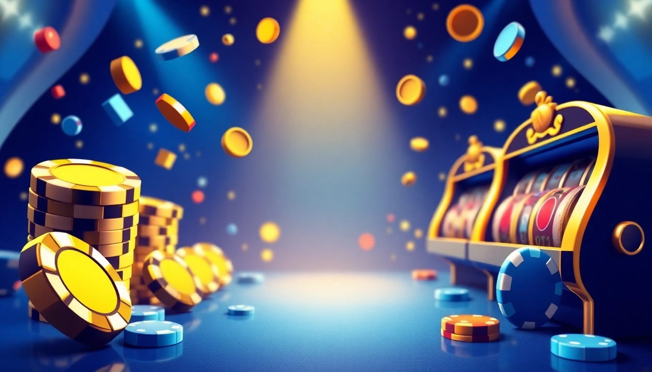 Experience thrilling gaming action at Petirzeus88 with a vibrant casino scene showcasing poker chips and slot symbols.