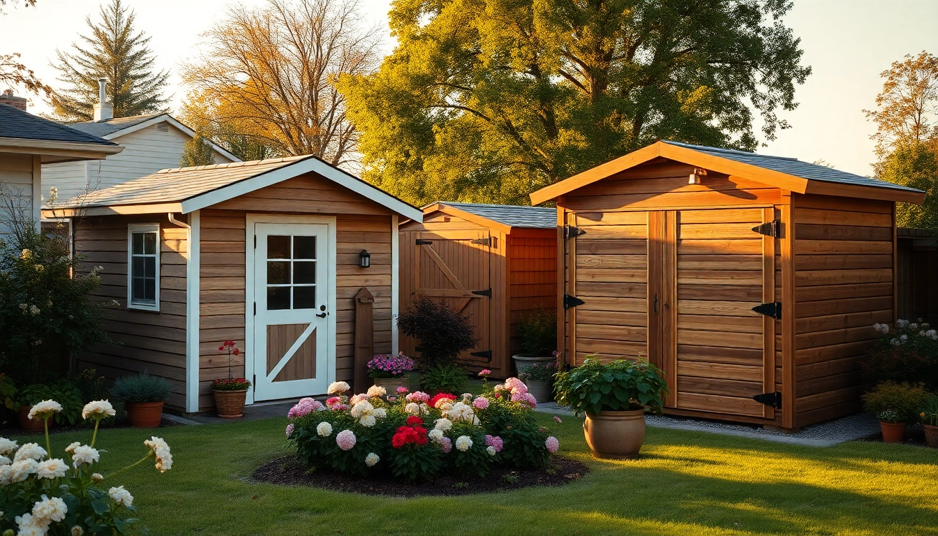 Showcasing custom built storage sheds in a beautiful garden setting, highlighting unique designs.