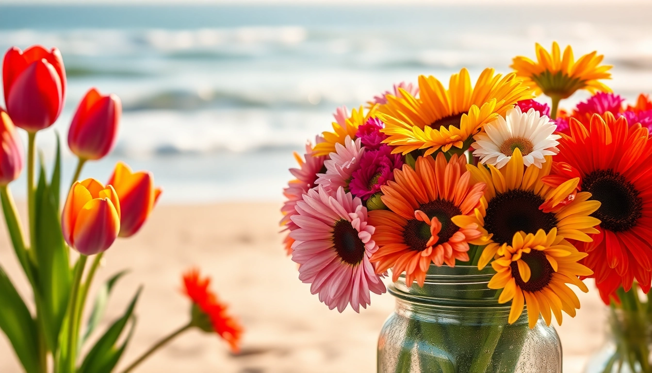 Arrange Huntington Beach flowers beautifully in a mason jar against a serene beach backdrop.