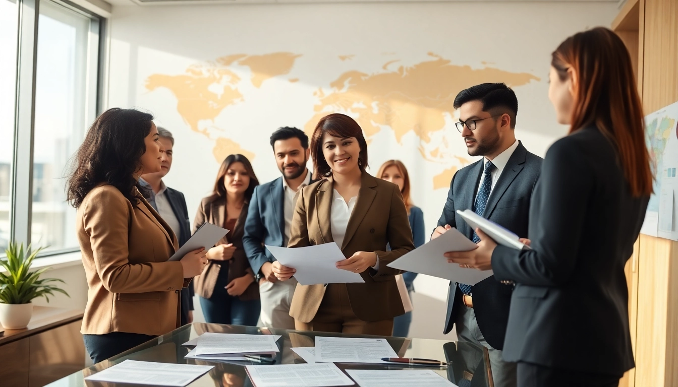 Helping clients with residencia applications in a welcoming office environment.