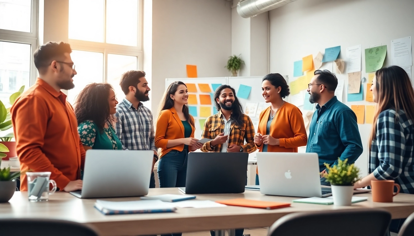 Dynamic content agency team collaborating creatively in a bright office space.