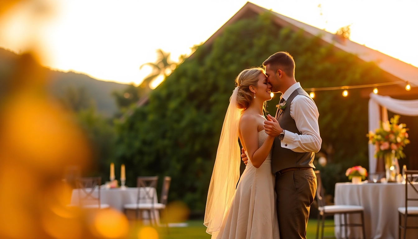 Wedding videographer in Ireland capturing a couple dancing at sunset in a charming outdoor setting.