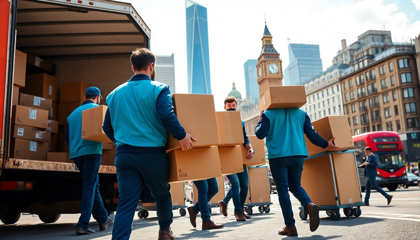 Professional movers London efficiently relocating furniture and boxes in a vibrant city setting.