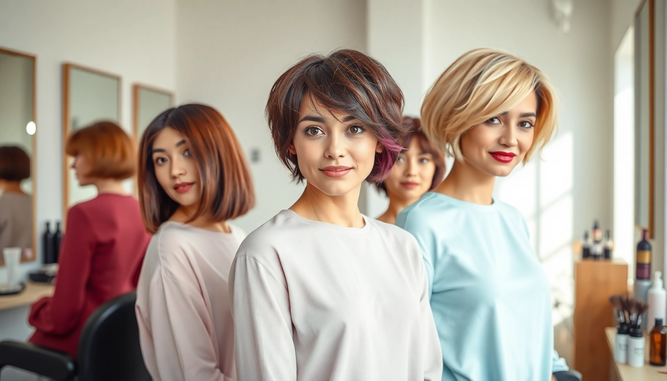 Showcasing trending haircuts for fine hair featuring models with stylish bobs and pixie cuts.