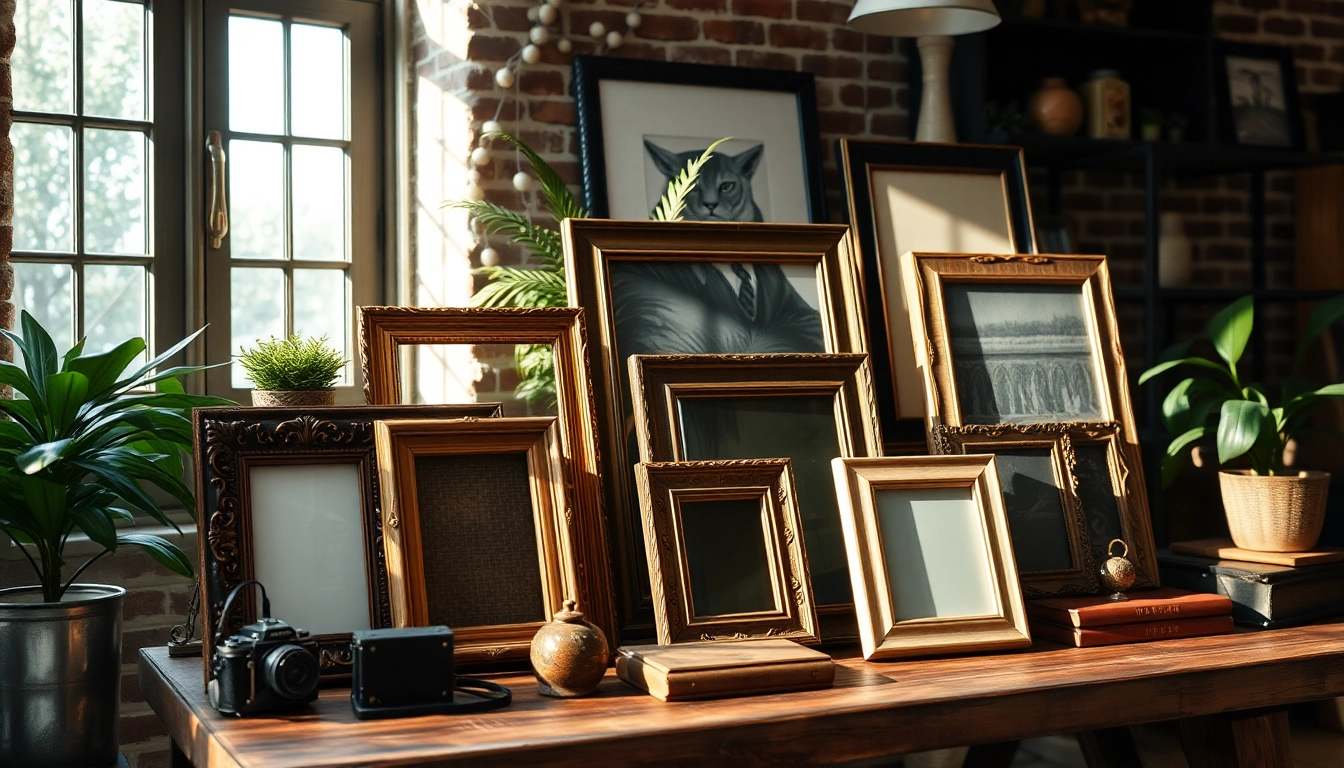 Showcasing vintage frames on a rustic table with charming details and natural lighting.