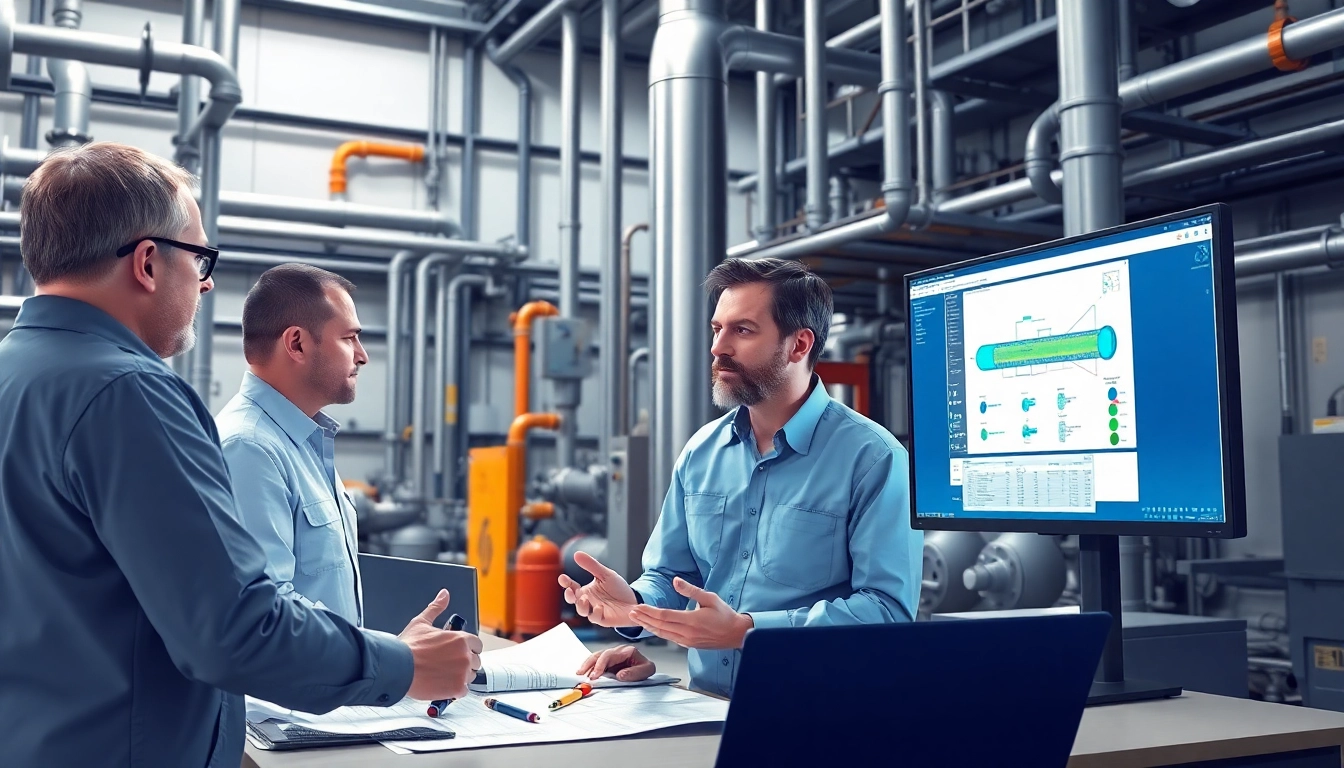 Piping stress Analysis Company team evaluating engineering designs in a modern workspace with advanced tools.