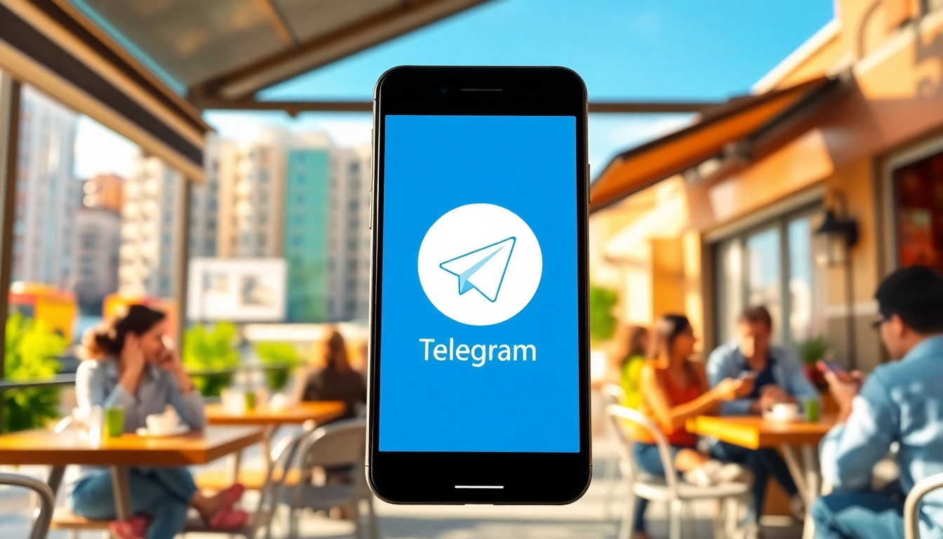 Explore the Telegram app interface featured in an urban setting in the context of 电报官网.