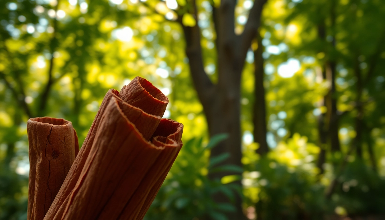 Cinnamon Bark showcases intricate texture and warm hues in a tranquil forest setting.