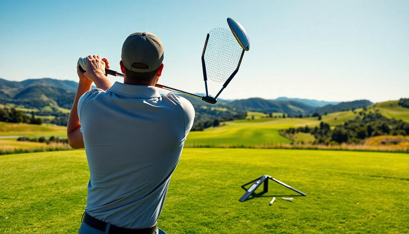 Enhance your game with a golfer using a golf swing training aid on a driving range.