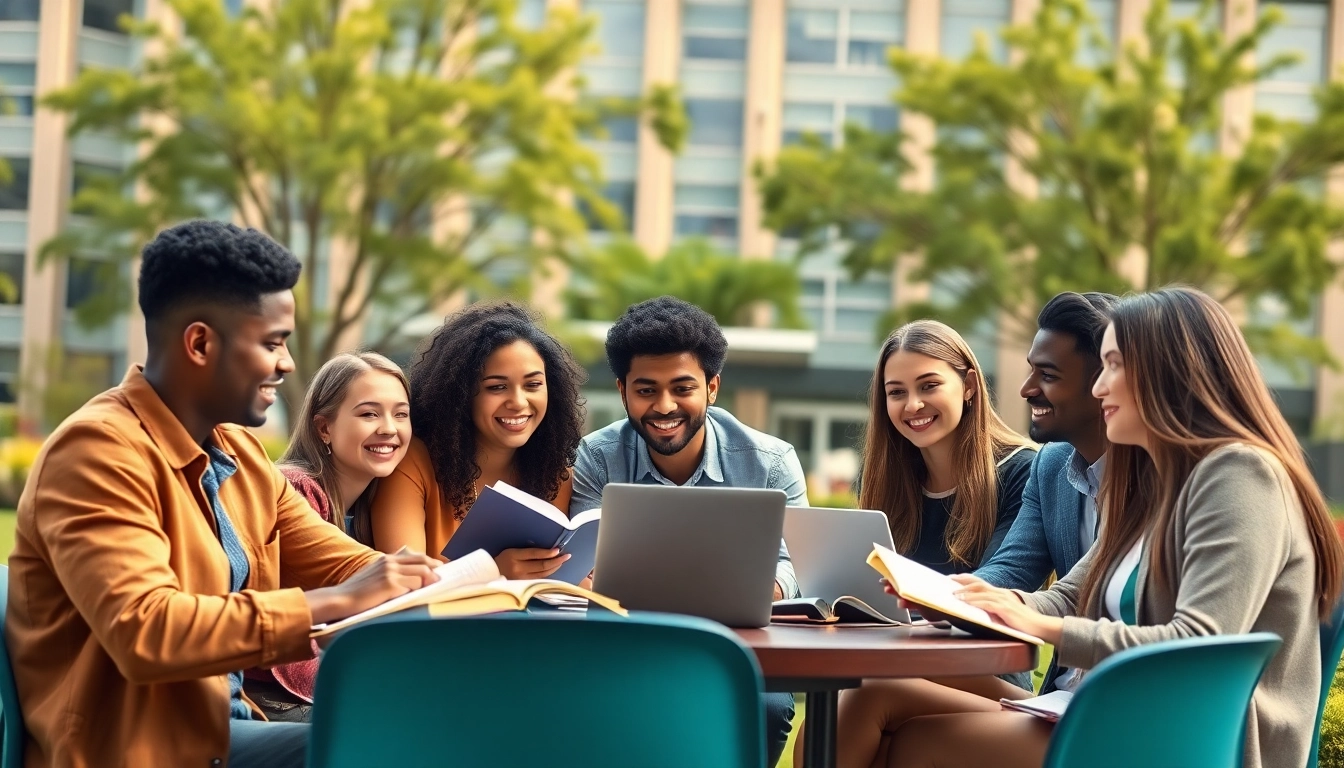 Law students collaborating at Empire College of Law, surrounded by legal texts and a modern campus.