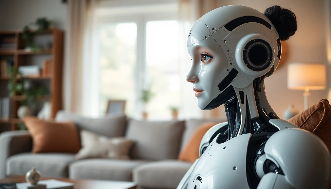 AI sex bot engaging interactively in a cozy living room, showcasing human-like features.