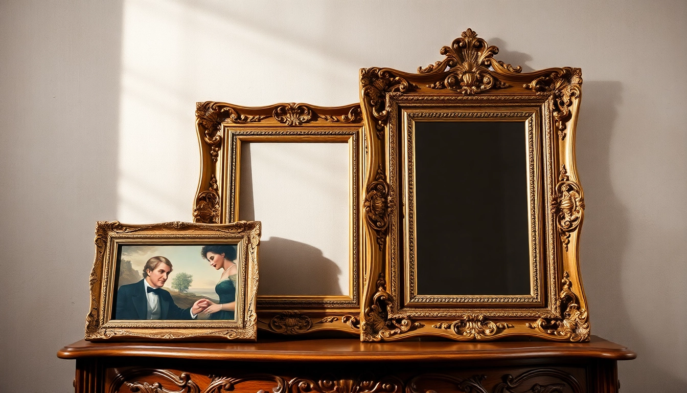 Display ornate picture frames with intricate designs and gold accents capturing elegance.