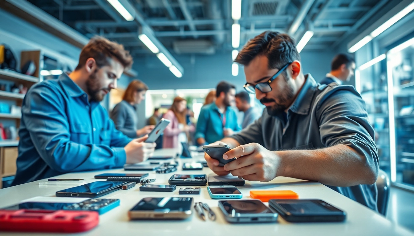 Professionista che esegue una riparazione cellulare a Torino, mentre clienti osservano e interagiscono.