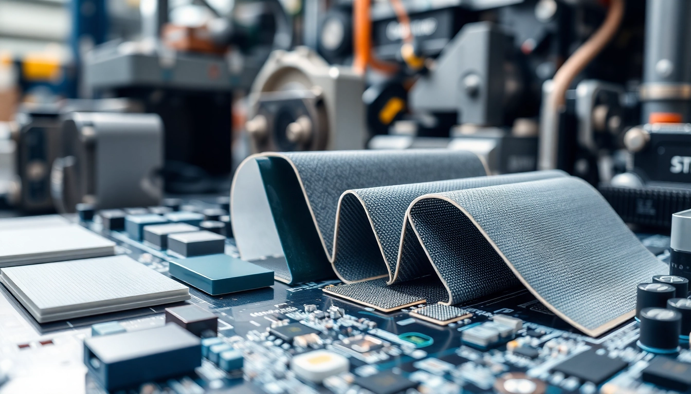 Showcasing thermal management materials with various types like pads and gels on an electronic circuit board.