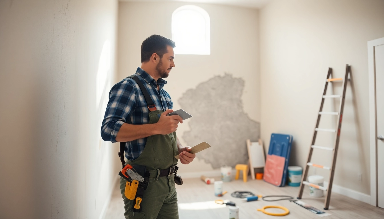 Technician performing drywall repair in Madison, WI, showcasing expert touch and professionalism.