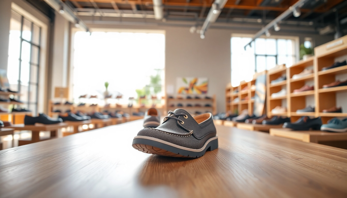 Schuhe mit breiter Zehenbox, stilvoll präsentiert in einem modernen Verkaufsraum.