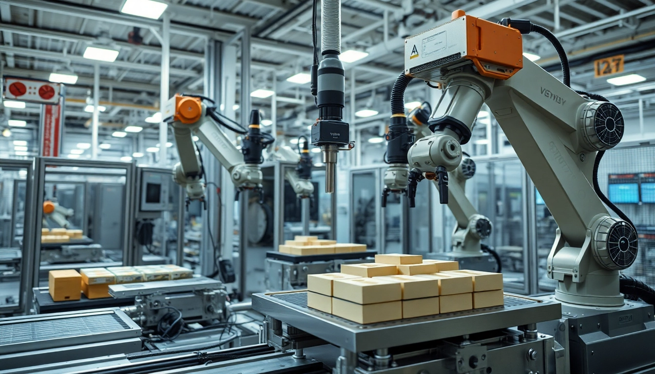 Machine vision systems automate inspection tasks, showcasing robotic arms in action.