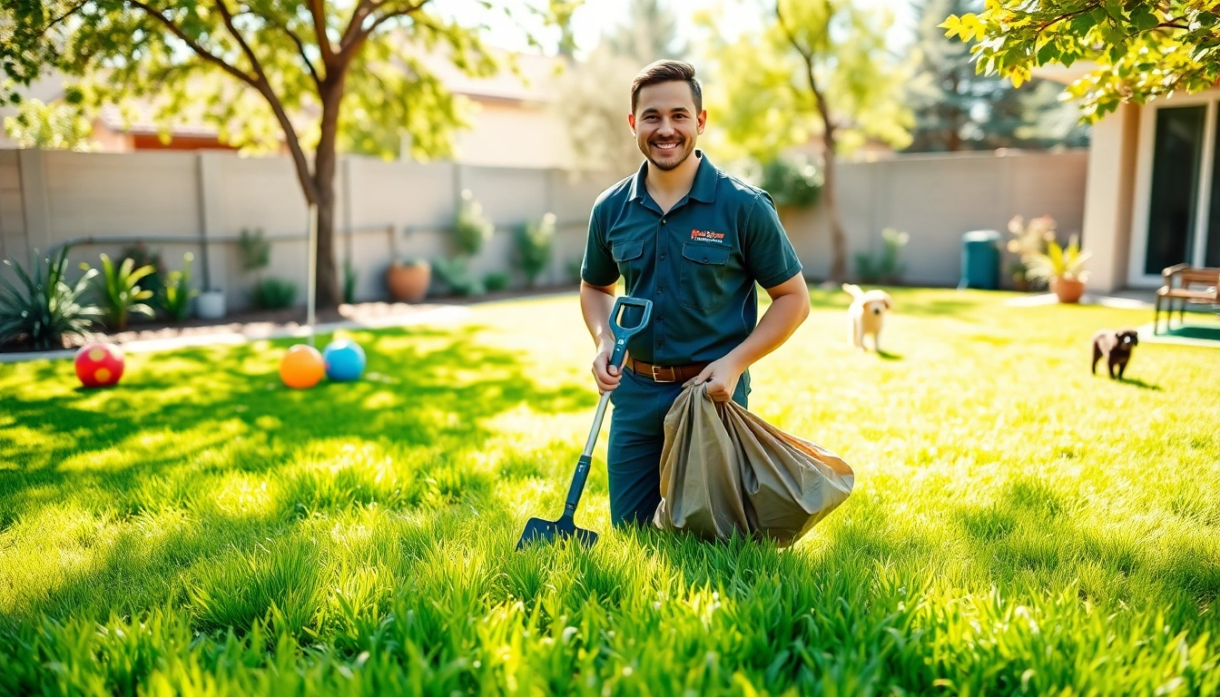 Alamo Ranch poop scooper technician cleaning a backyard with a smile and a tidy yard.