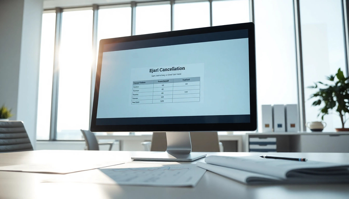 Guide to ejari cancellation process showcased on a professional office computer screen.
