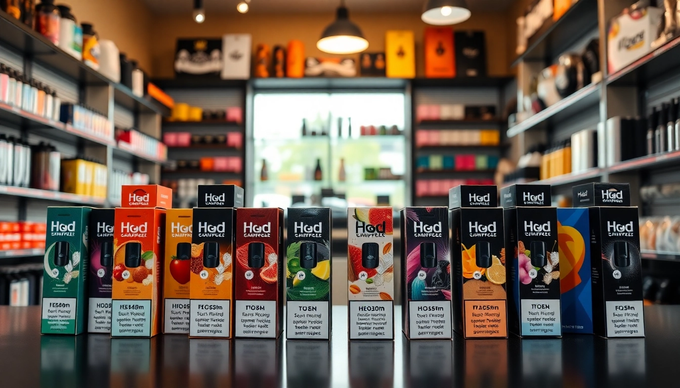 Hqd pods in a vibrant display illustrating a variety of flavors and designs in a vape shop.