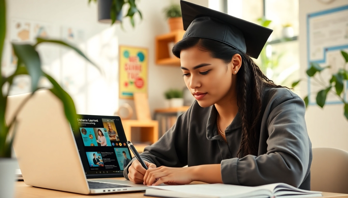 Engaged student studying for a buy distance learning masters degree in a cozy home office.