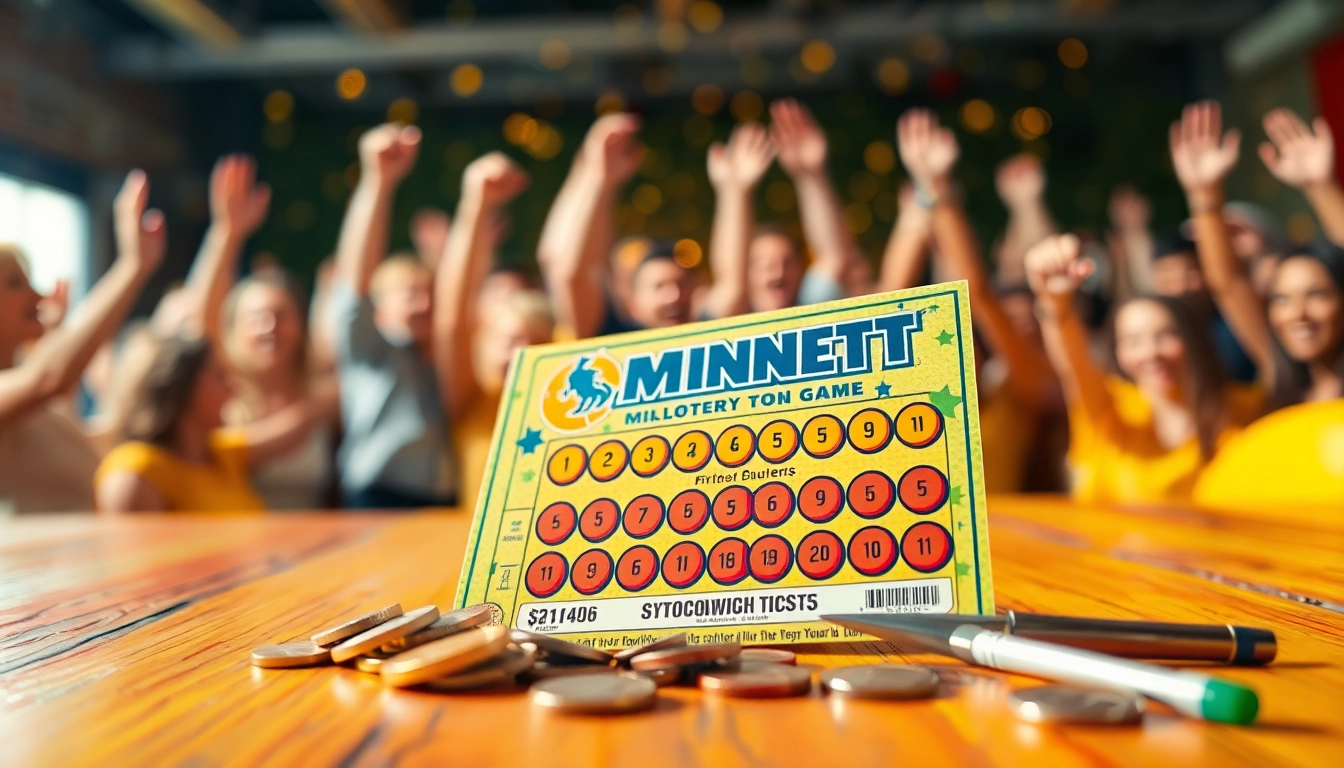 Engaging mn lottery scratch game ticket surrounded by coins on a festive table.