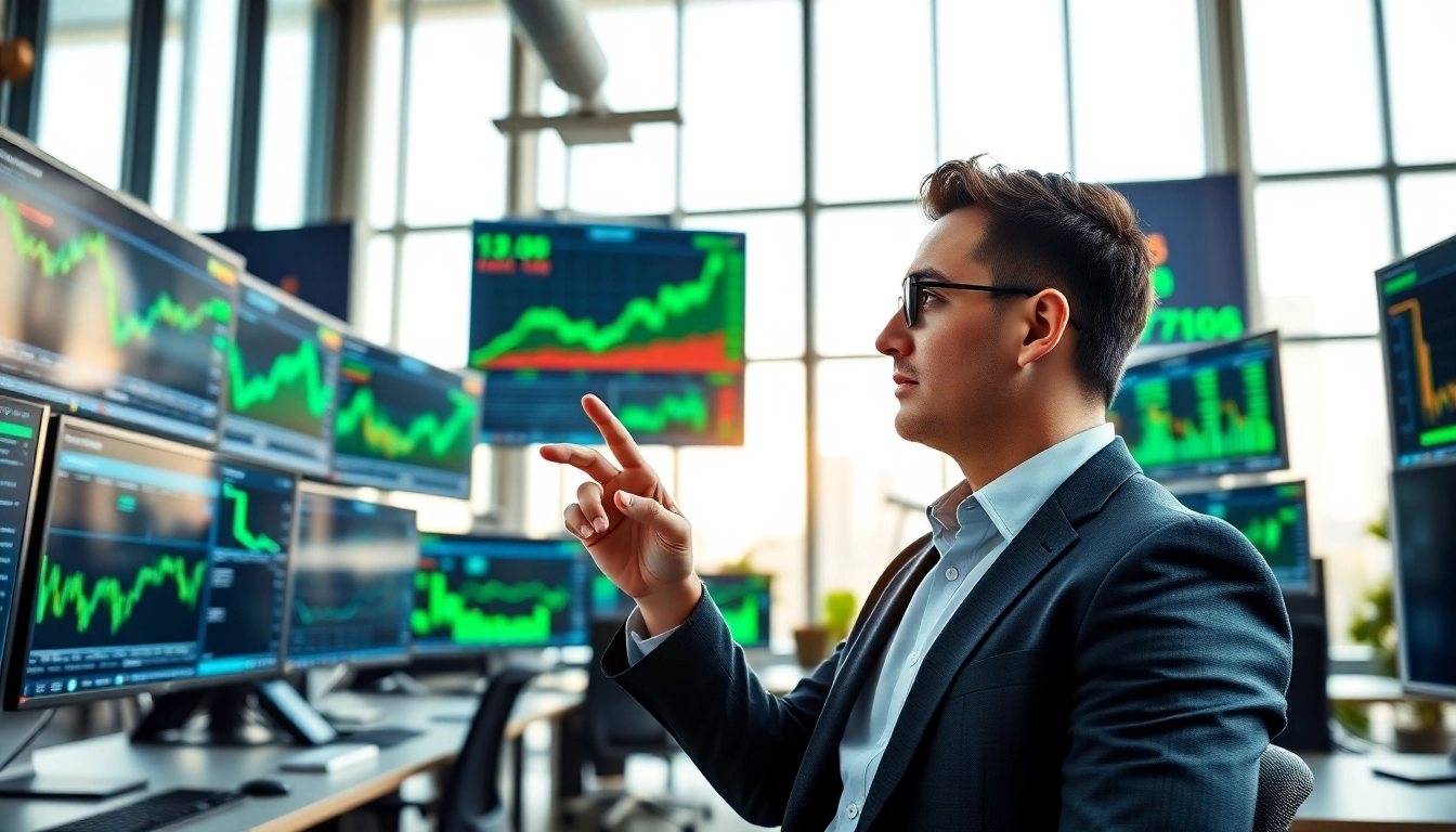 Stock picker analyzing market trends in a modern office with stock charts and financial data.