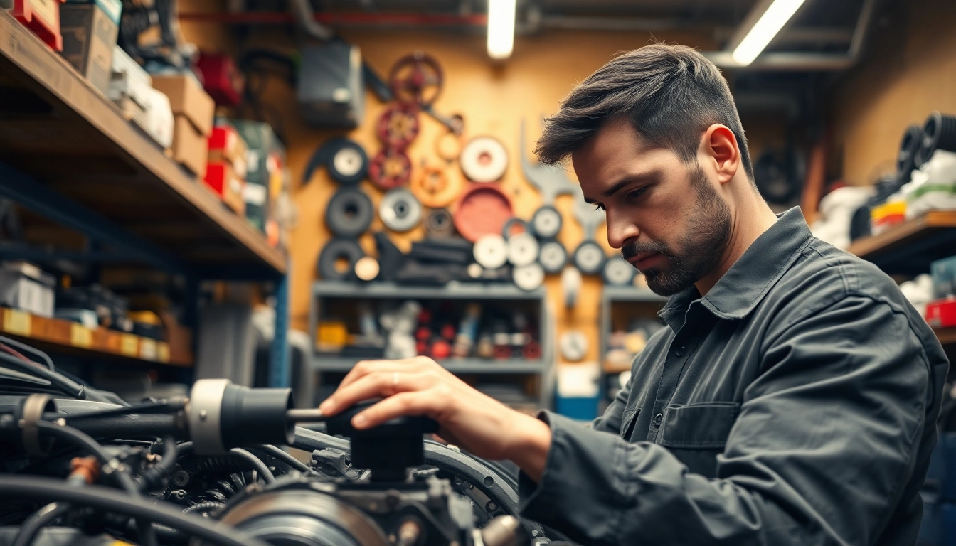 Mechanics demonstrating expertise with spare parts in a professional auto repair shop.