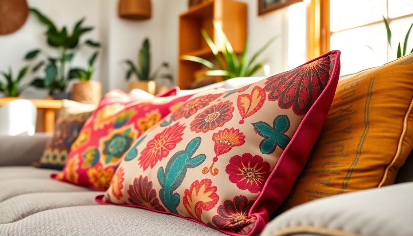 Explore vibrant cactus silk pillows from https://labboho.com/collections/cactus-silk-pillows in a cozy bohemian setting.