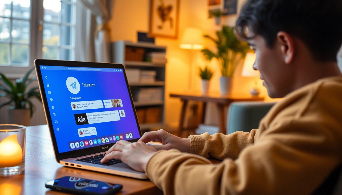 Engage with Telegram電腦版 on a laptop in a cozy setting, emphasizing user interaction.