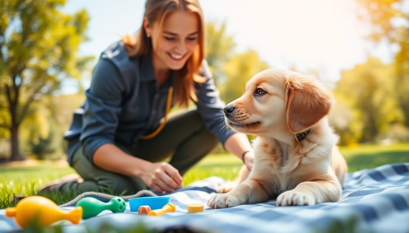 Trainer engaging a puppy in Dog Training Irvine outdoors, capturing a positive training moment.