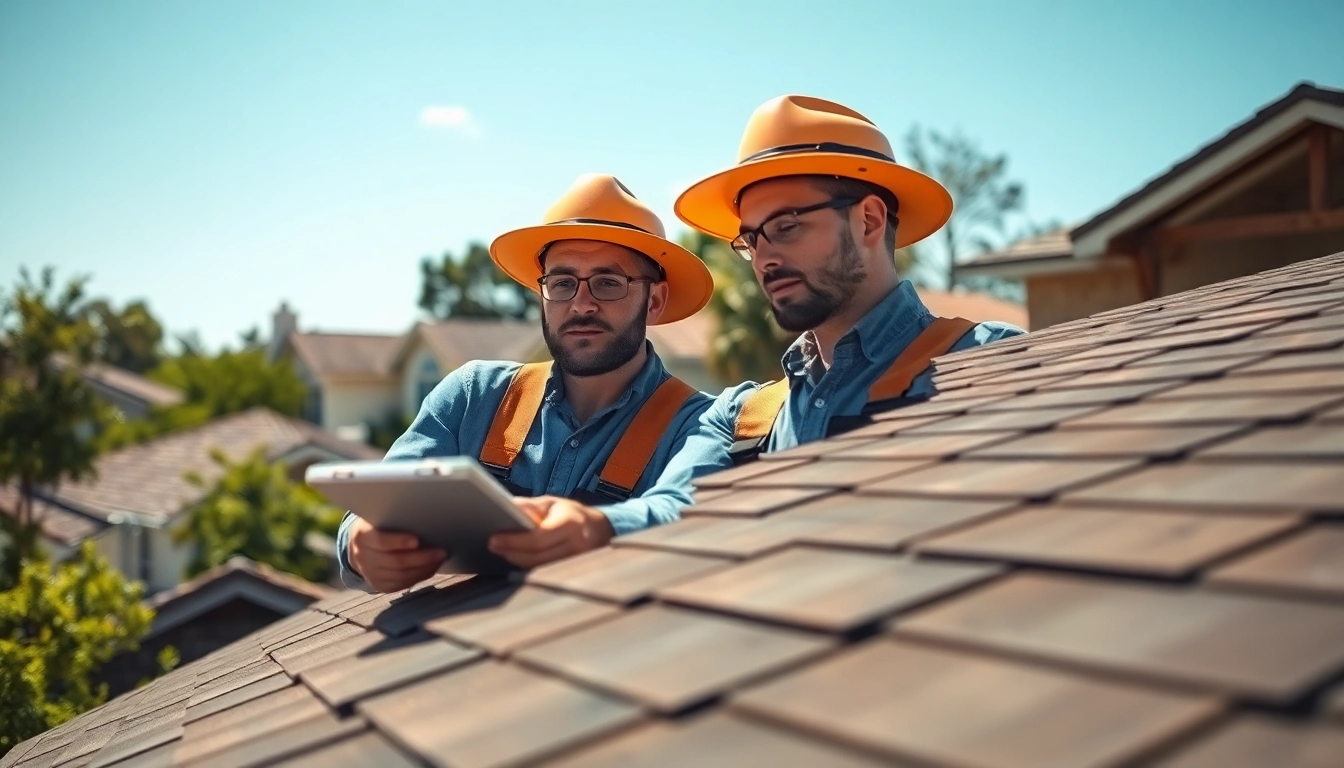 Conduct a roof inspection Austin with professional experts evaluating a residential roof.