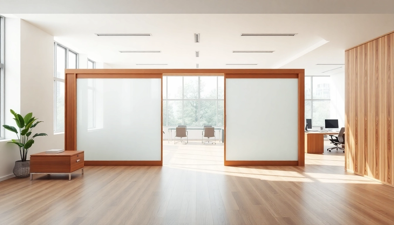 Enhance your space with a sliding partition wall, showcasing a modern office layout and versatile design features.