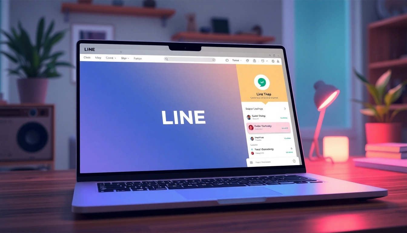 Download the 電腦版line下載 app on a laptop screen in a stylish workspace.