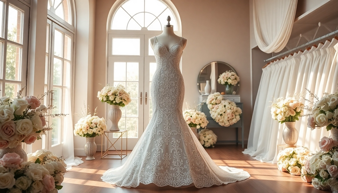 Showcasing a stunning mermaid wedding dress with lace details and floral accents in a bridal boutique.