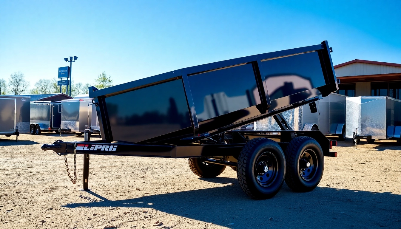 Browse dump trailers for sale near me, featuring modern designs and robust builds in a vibrant outdoor setting.