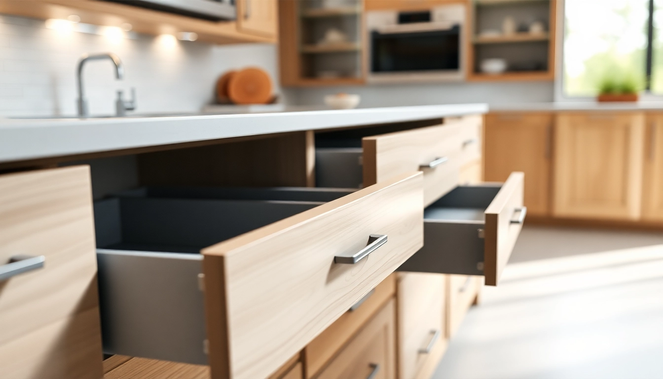 Showcasing a Double wall drawer system in a modern kitchen, emphasizing sleek design and functionality.