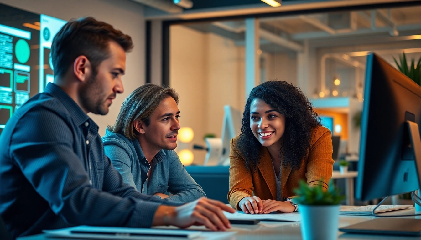 Professionals collaborating in a modern workspace showcasing the 美洽官网 platform features and solutions.