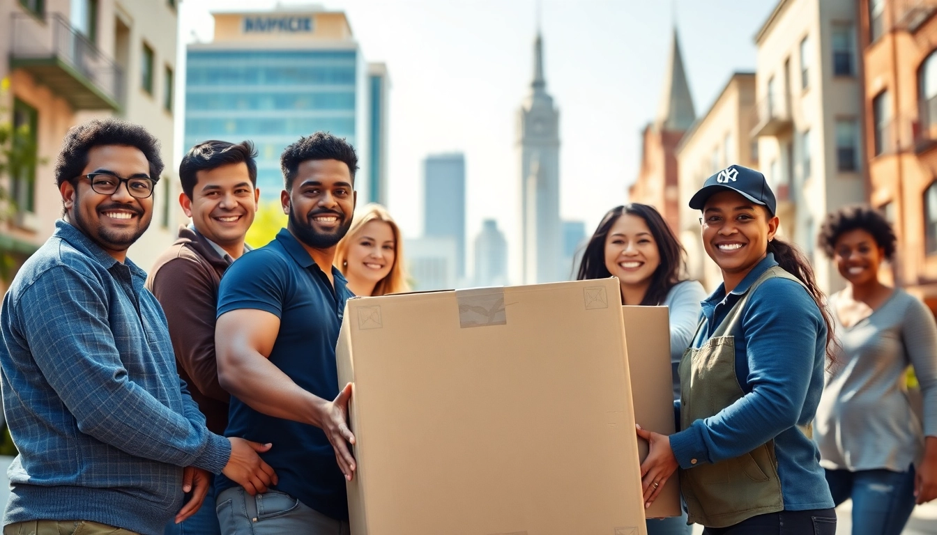 Queens movers team efficiently lifts boxes in a vibrant Queens setting, showcasing professionalism and teamwork.